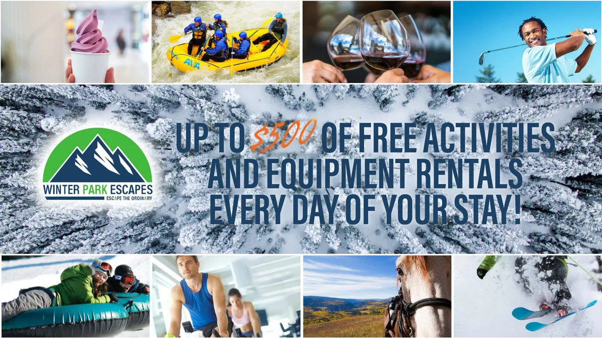 This lively exterior image features a collage of outdoor adventure activities including white-water rafting on a rushing river, people enjoying ice cream, wine tasting, golfing, skiing, horseback riding, and snow tubing. The scene is rich with action, color, and smiling participants, capturing the essence of year-round adventure.