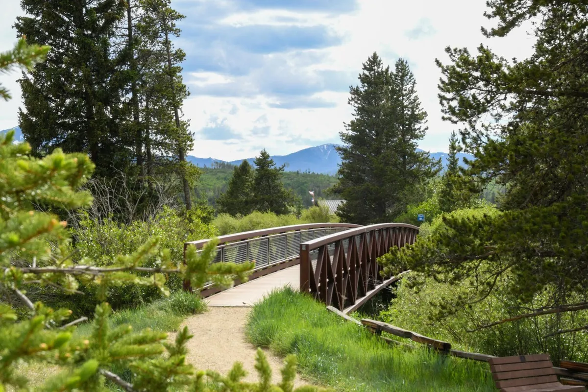 A serene exterior scene featuring a wooden bridge amidst lush trees with a picturesque mountain backdrop, evoking a sense of exploration and access to local trails and nature.