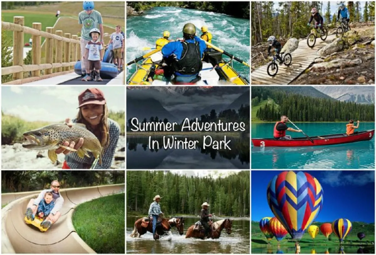 An energetic exterior shot showing families taking part in outdoor activities such as kayaking, cycling, fishing, horseback riding, and hot air ballooning. The image captures the joy of multi-generational groups and vibrant summer fun amid scenic natural surroundings.