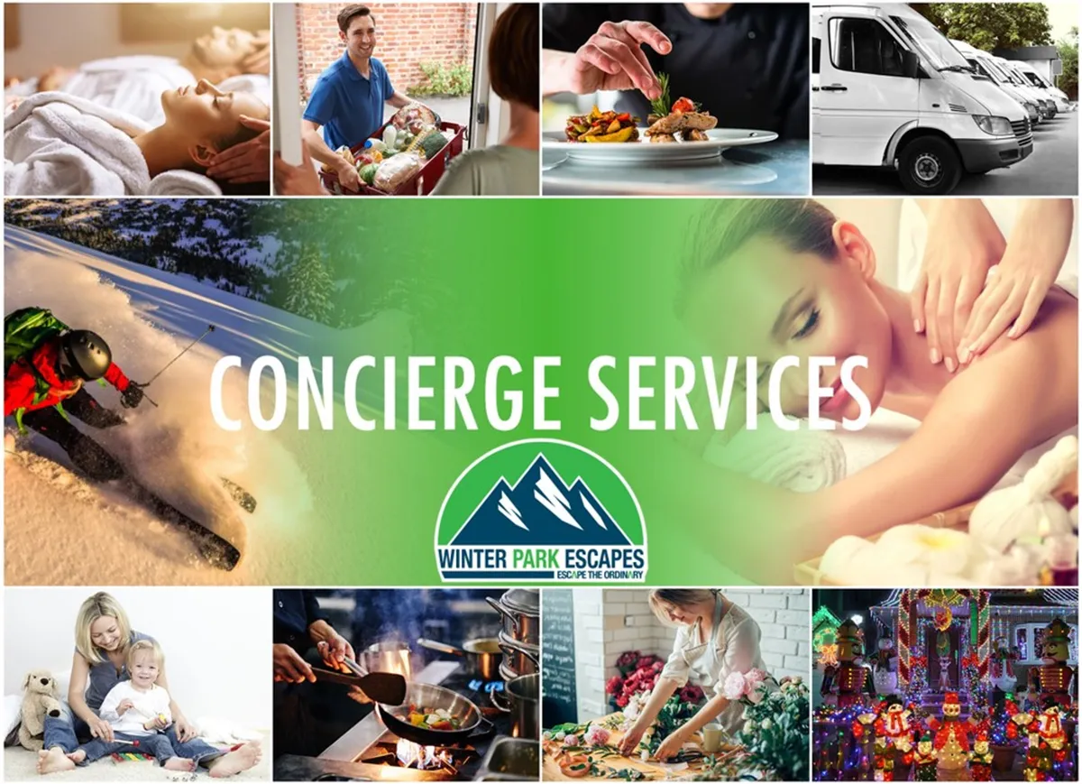 A composite scene with individuals enjoying a variety of concierge services—spa treatments, private chef cooking, childcare, and gourmet dining—all in a luxurious and relaxed setting.
